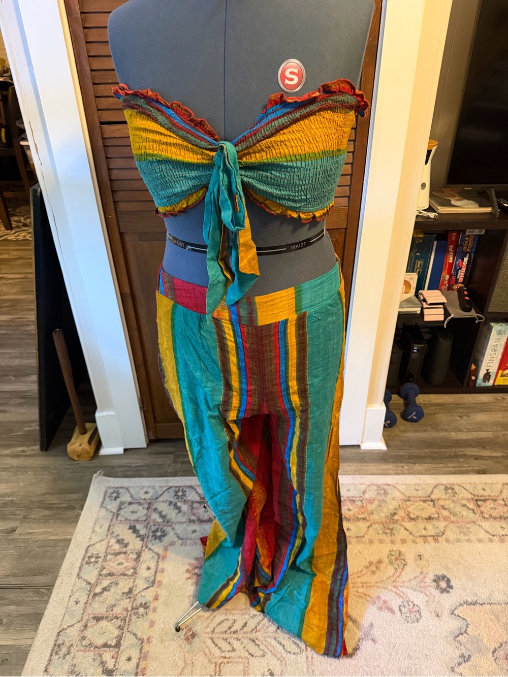 Cider Teal Multi Striped Tie-Front Crop Top & Wide-Leg Pants Set